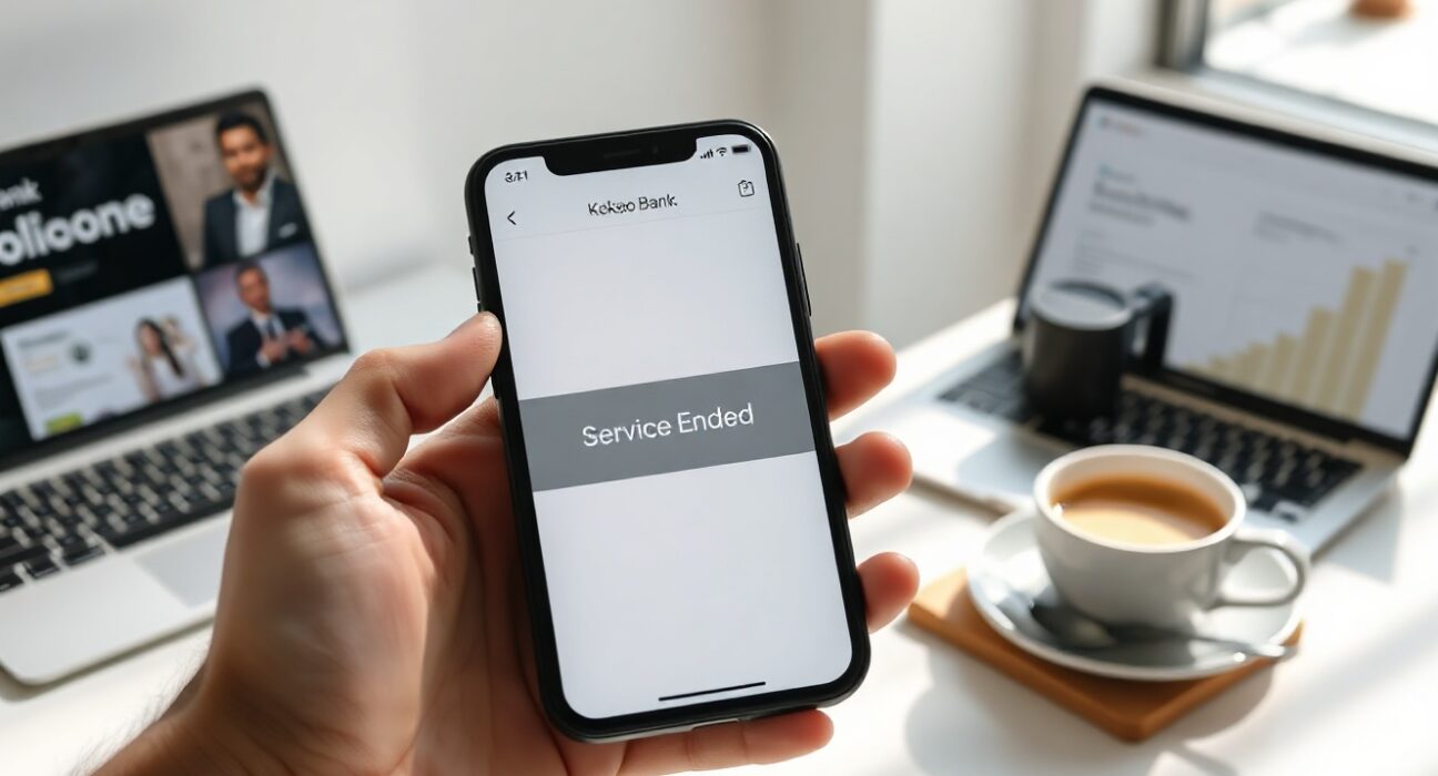 Smartphone displaying Kakao Bank app with Coinone's Coin Collecting service ended