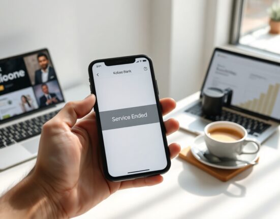 Smartphone displaying Kakao Bank app with Coinone's Coin Collecting service ended