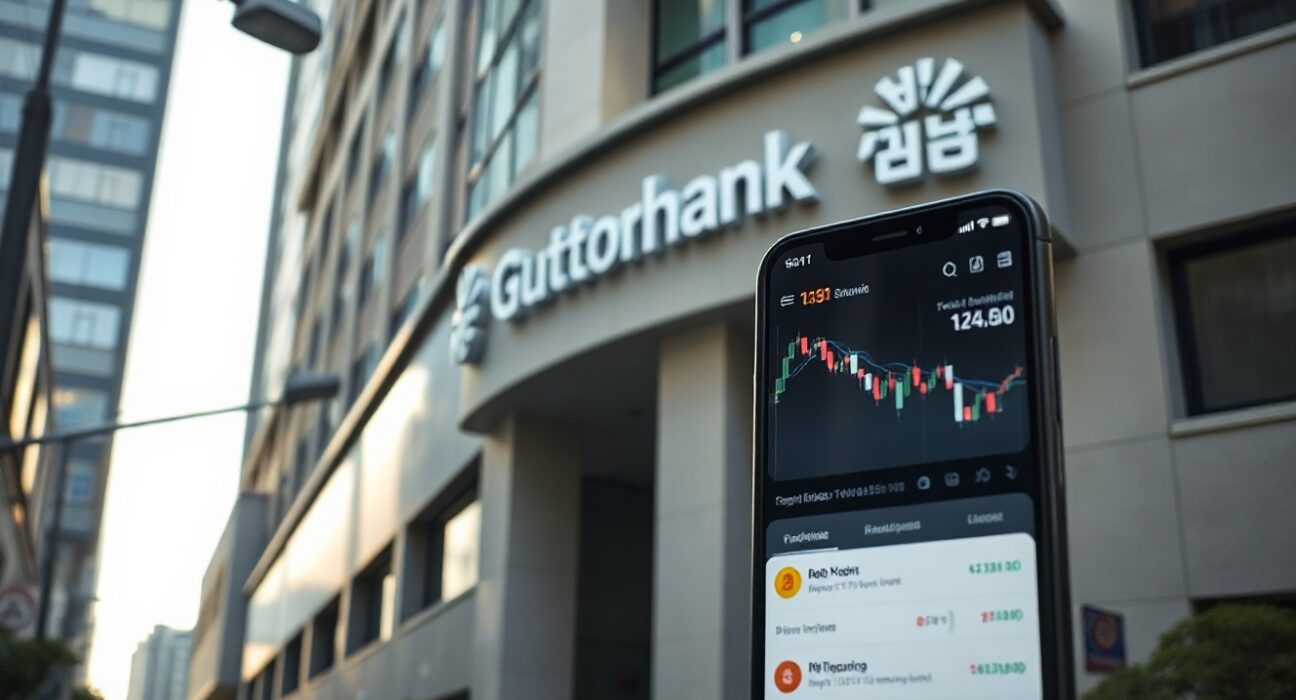 Modern bank building in Seoul with smartphone showing crypto app, symbolizing Coinone and KakaoBank partnership