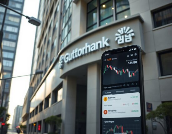 Modern bank building in Seoul with smartphone showing crypto app, symbolizing Coinone and KakaoBank partnership