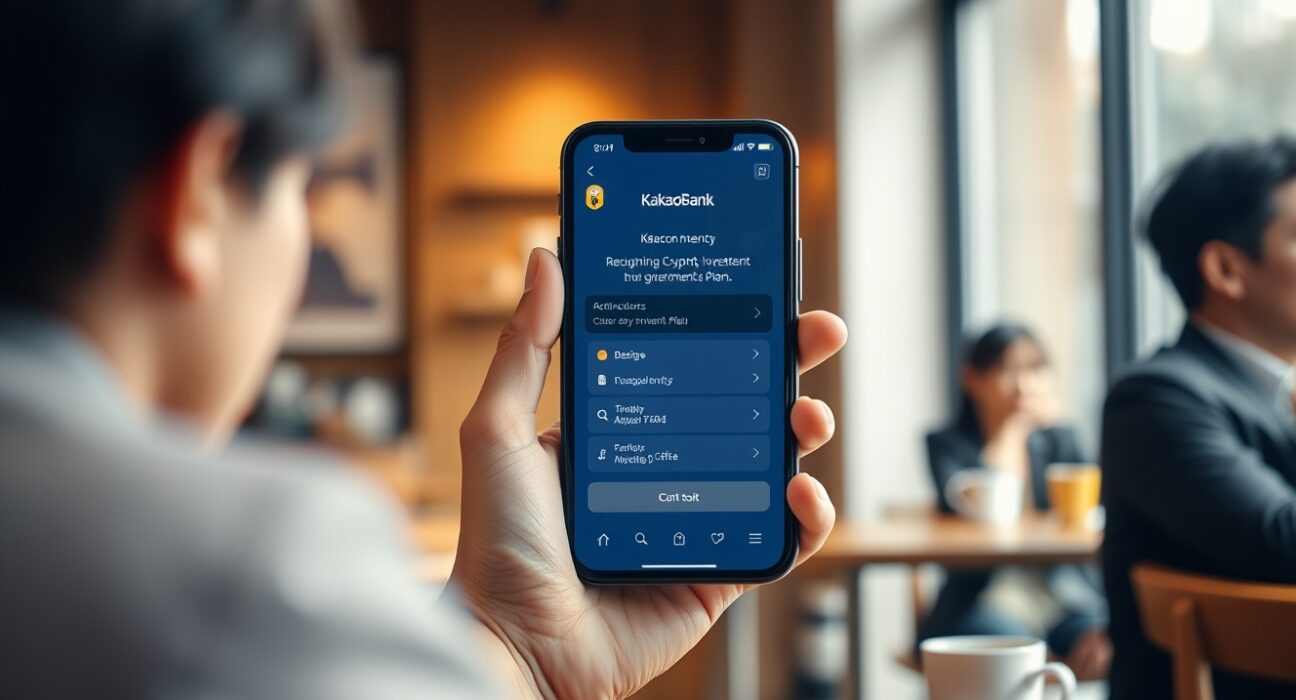 KakaoBank app on smartphone showing Coinone recurring cryptocurrency investment service