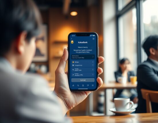 KakaoBank app on smartphone showing Coinone recurring cryptocurrency investment service