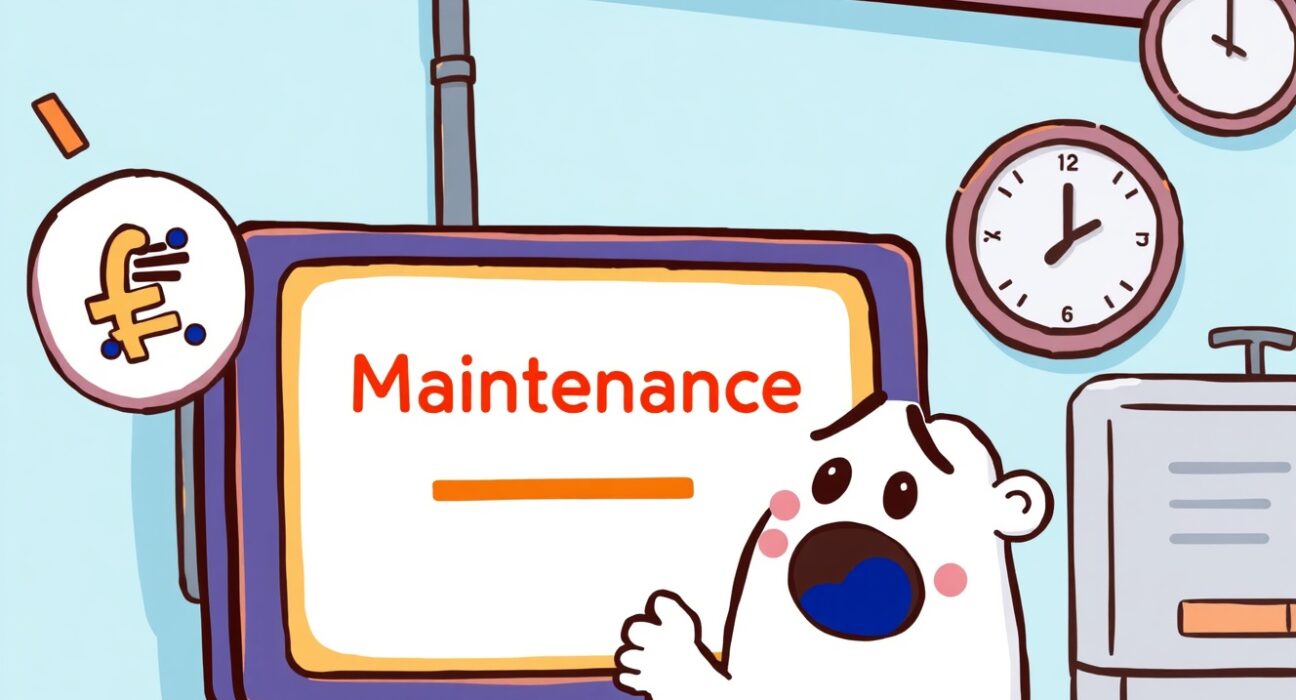Cartoon illustration showing a temporary Coinone KRW suspension due to system maintenance, affecting a user's transactions.