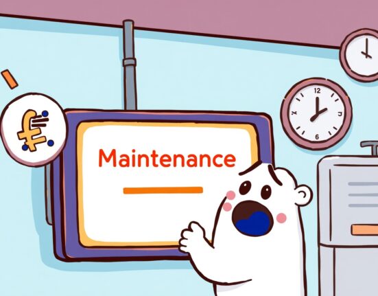 Cartoon illustration showing a temporary Coinone KRW suspension due to system maintenance, affecting a user's transactions.