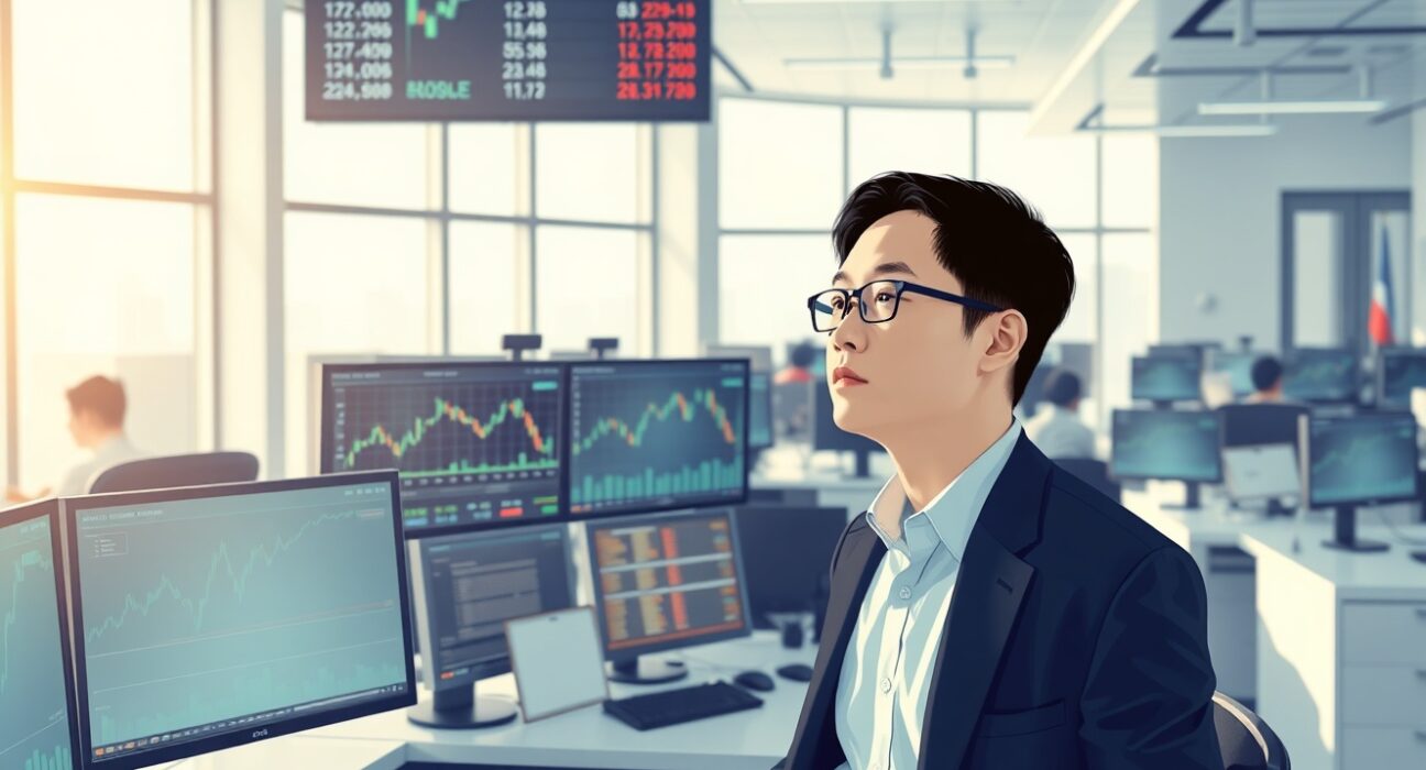 Professional cryptocurrency trading floor in Seoul showing Coinone's market growth analysis