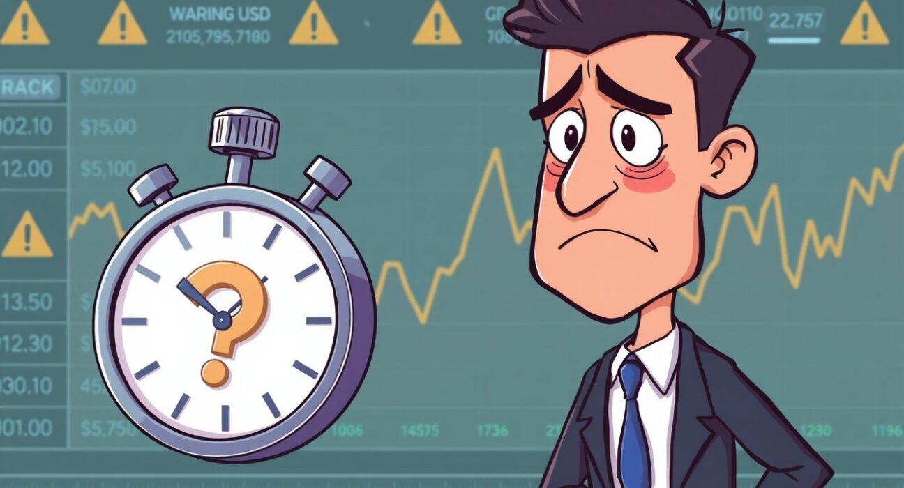 Cartoon illustration of the MASA delisting watchlist warning on Coinone exchange, showing urgency and concern for investors.