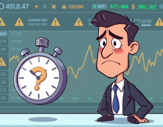 Cartoon illustration of the MASA delisting watchlist warning on Coinone exchange, showing urgency and concern for investors.