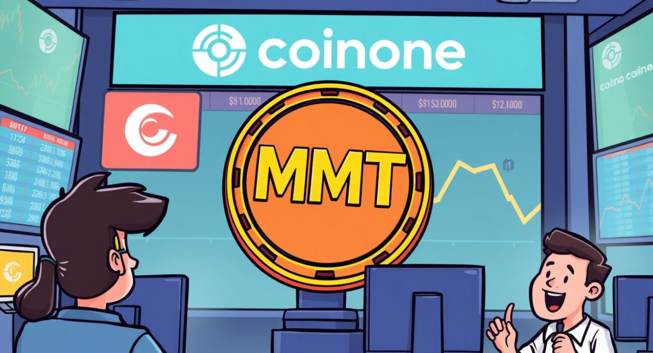 A cartoon illustration showing the exciting Coinone MMT listing, with traders celebrating the new cryptocurrency on an exchange platform.