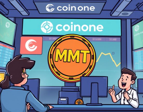 A cartoon illustration showing the exciting Coinone MMT listing, with traders celebrating the new cryptocurrency on an exchange platform.