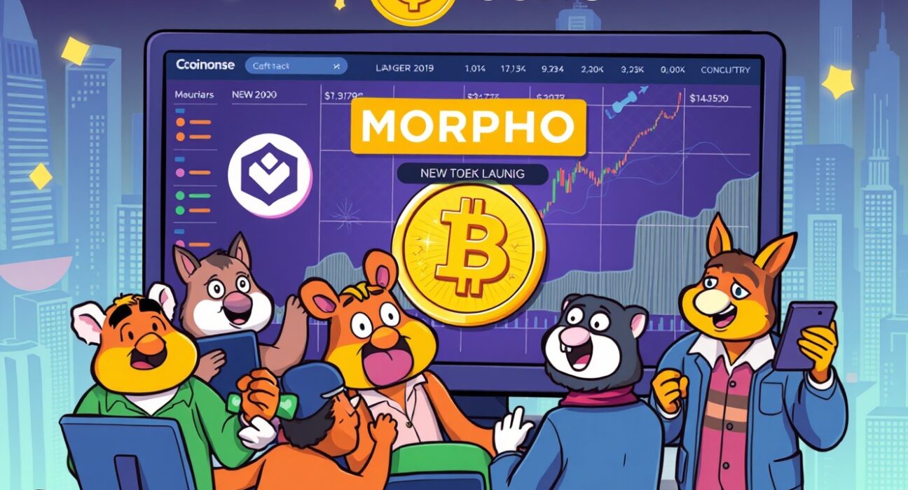 A cartoon depiction of the Morpho listing on Coinone, showing digital trading screens and excited traders, signifying new investment opportunities.