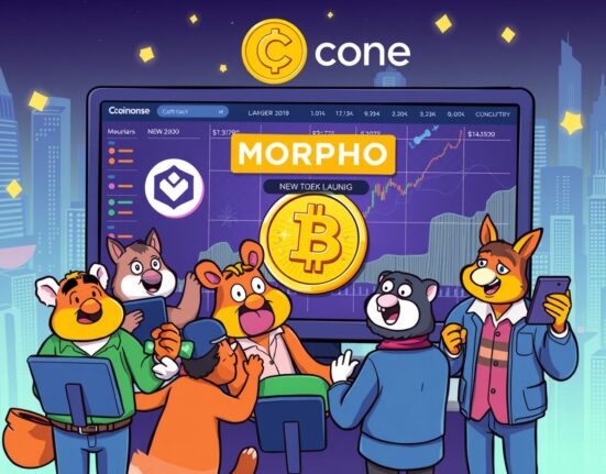 A cartoon depiction of the Morpho listing on Coinone, showing digital trading screens and excited traders, signifying new investment opportunities.