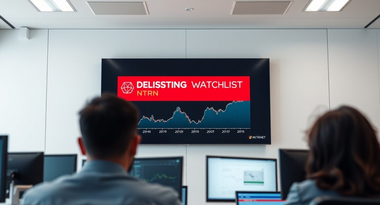 Coinone exchange office with a digital screen showing a Neutron NTRN delisting watchlist alert.