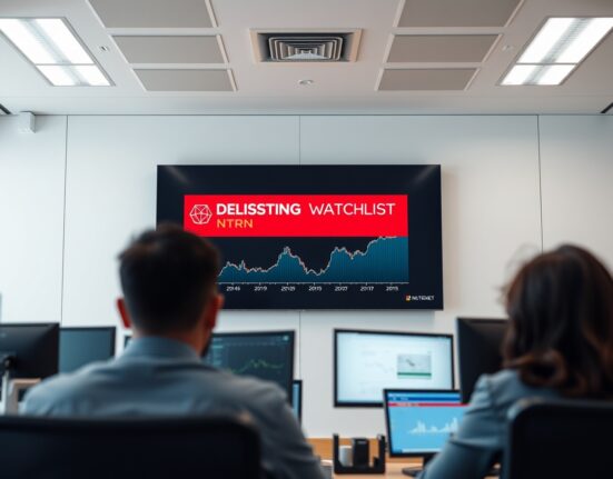 Coinone exchange office with a digital screen showing a Neutron NTRN delisting watchlist alert.