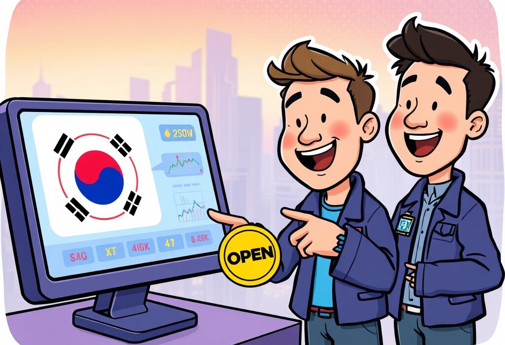 Cartoon illustration of traders celebrating the Coinone OpenLedger listing, symbolizing new trading opportunities in South Korea.