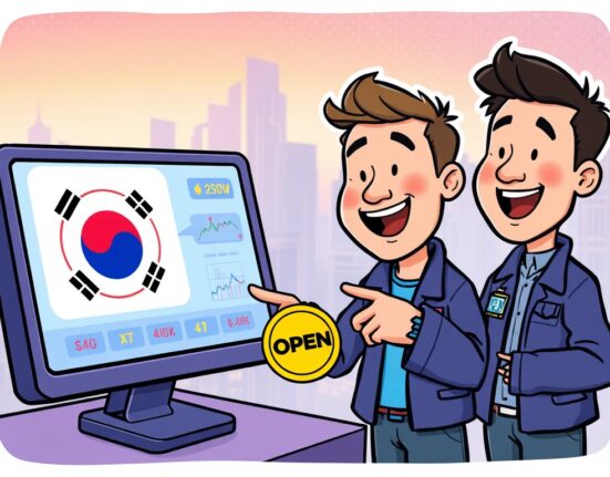 Cartoon illustration of traders celebrating the Coinone OpenLedger listing, symbolizing new trading opportunities in South Korea.