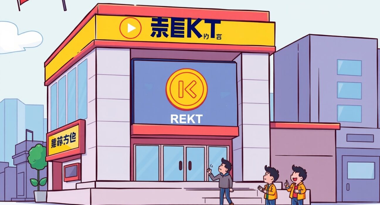 Cartoon illustration of Coinone exchange announcing the REKT listing, symbolizing new trading opportunities for investors.