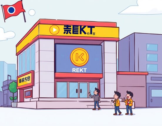 Cartoon illustration of Coinone exchange announcing the REKT listing, symbolizing new trading opportunities for investors.