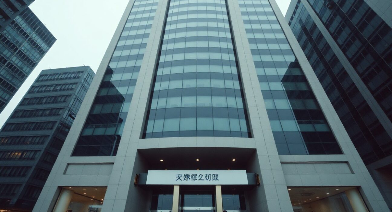 Modern financial building in Seoul, South Korea, under overcast sky