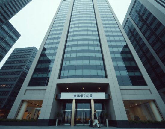 Modern financial building in Seoul, South Korea, under overcast sky