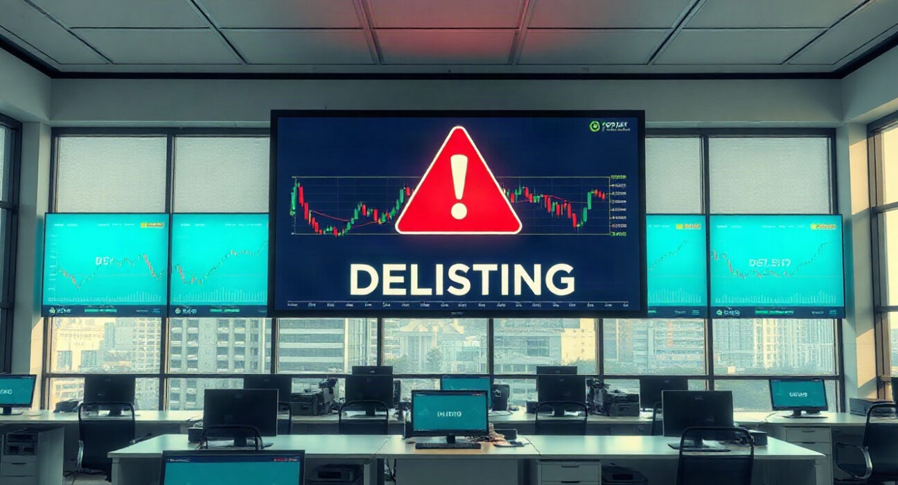 Coinone exchange building with digital screen showing delisting warning
