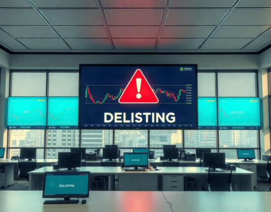Coinone exchange building with digital screen showing delisting warning