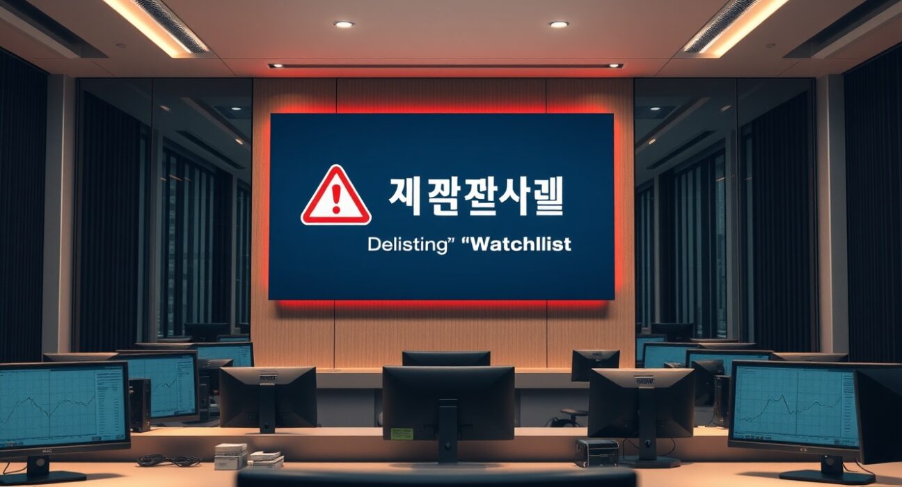 Digital display showing THORChain RUNE delisting warning in a Seoul cryptocurrency exchange office