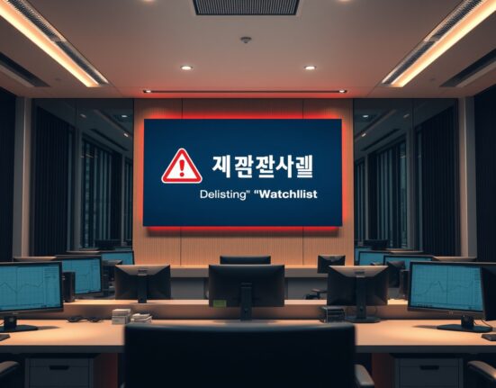 Digital display showing THORChain RUNE delisting warning in a Seoul cryptocurrency exchange office