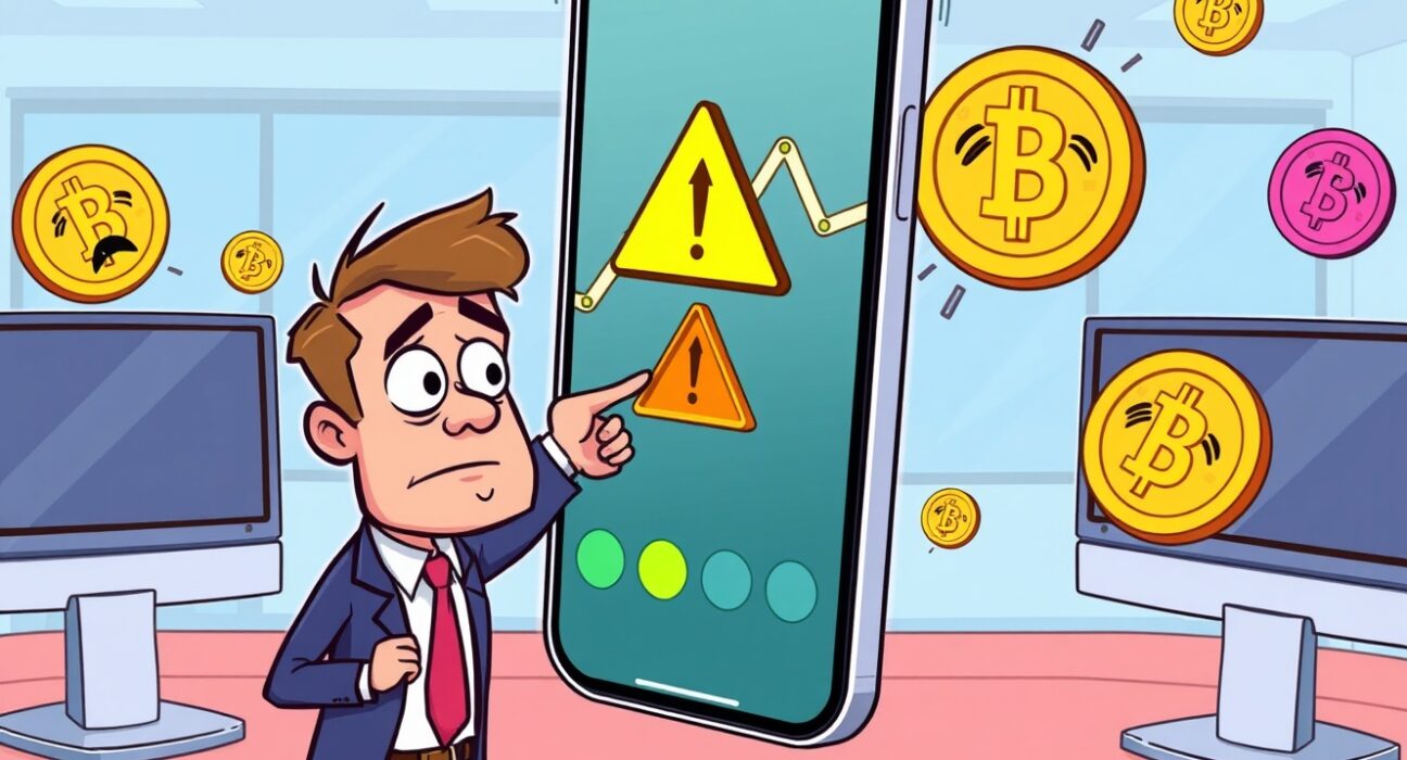 Cartoon illustration of a Coinone investment warning for TWT token showing market volatility and security concerns.
