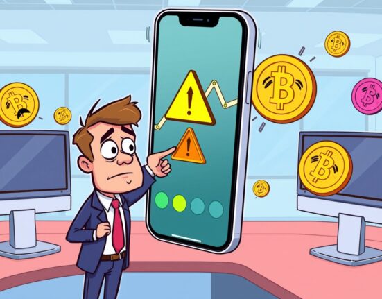 Cartoon illustration of a Coinone investment warning for TWT token showing market volatility and security concerns.