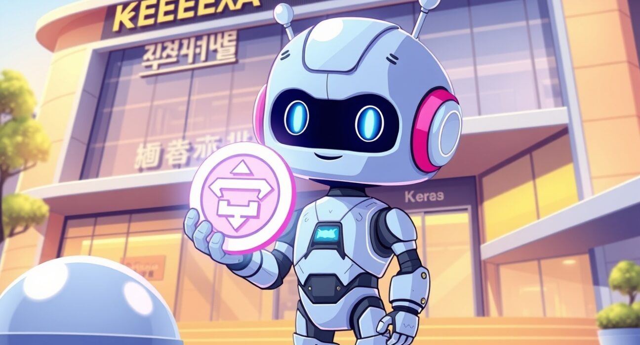 A vibrant cartoon illustrating the exciting XPASS listing on the Coinone cryptocurrency exchange.