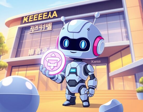 A vibrant cartoon illustrating the exciting XPASS listing on the Coinone cryptocurrency exchange.