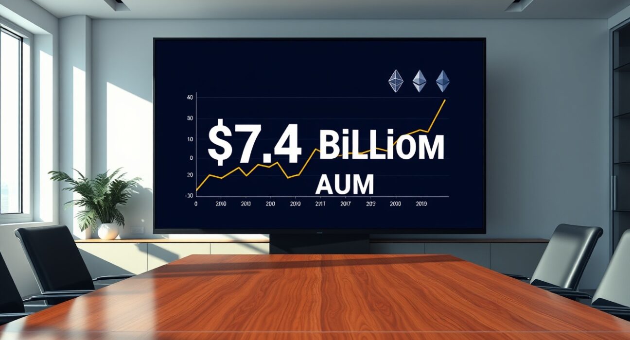 CoinShares AUM graph on digital screen in modern office, representing crypto asset management growth