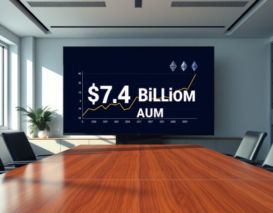 CoinShares AUM graph on digital screen in modern office, representing crypto asset management growth