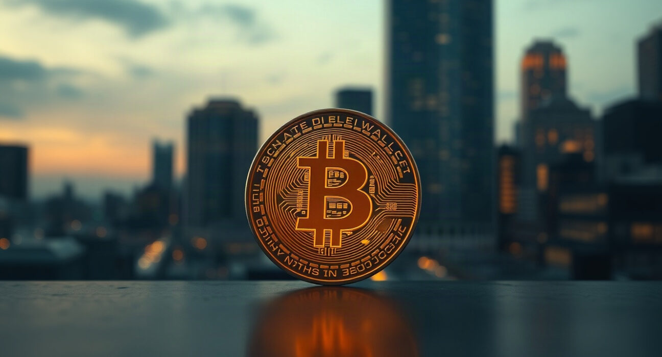 Bitcoin coin in foreground with financial district skyline in background, symbolizing market watchfulness.