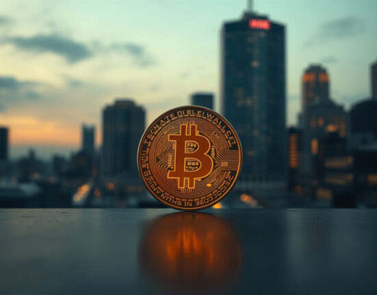 Bitcoin coin in foreground with financial district skyline in background, symbolizing market watchfulness.