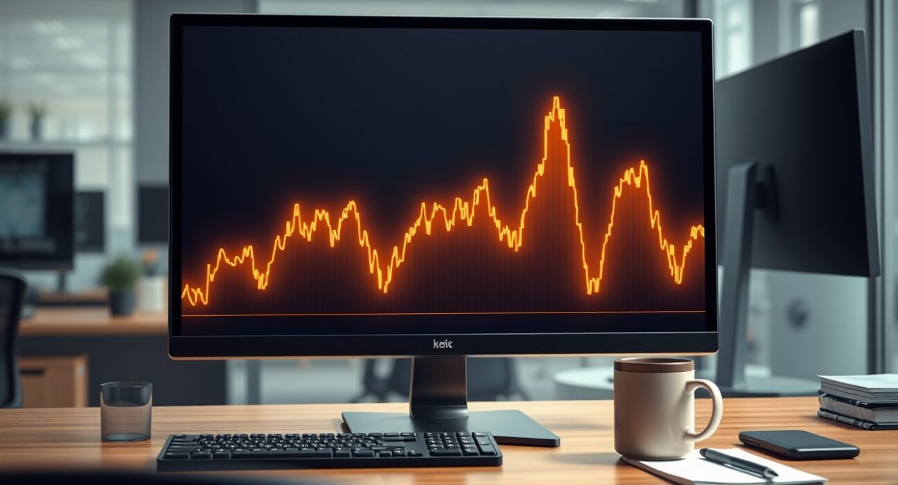 Financial trading desk with monitor showing Bitcoin volatility graph, representing the new CoinShares ETF application.
