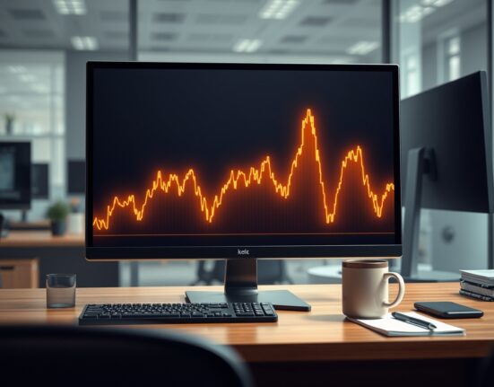 Financial trading desk with monitor showing Bitcoin volatility graph, representing the new CoinShares ETF application.