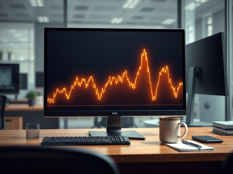 Financial trading desk with monitor showing Bitcoin volatility graph, representing the new CoinShares ETF application.