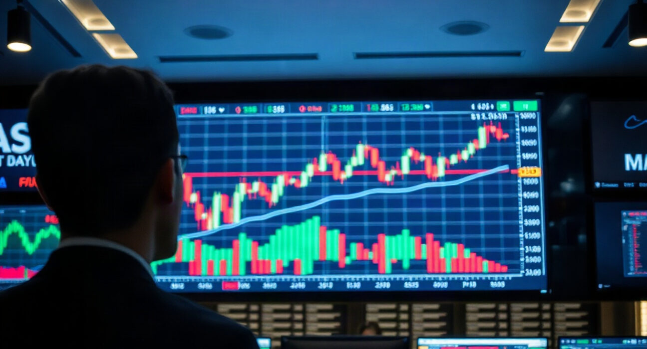 Investor analyzing cryptocurrency market charts on a screen in a trading environment