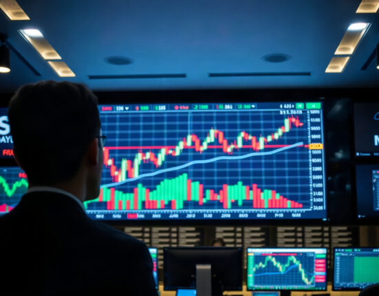 Investor analyzing cryptocurrency market charts on a screen in a trading environment