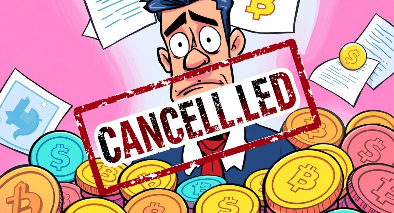 Disappointed investor reacting to CoinShares ETF cancellation decision with cryptocurrency symbols