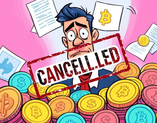 Disappointed investor reacting to CoinShares ETF cancellation decision with cryptocurrency symbols