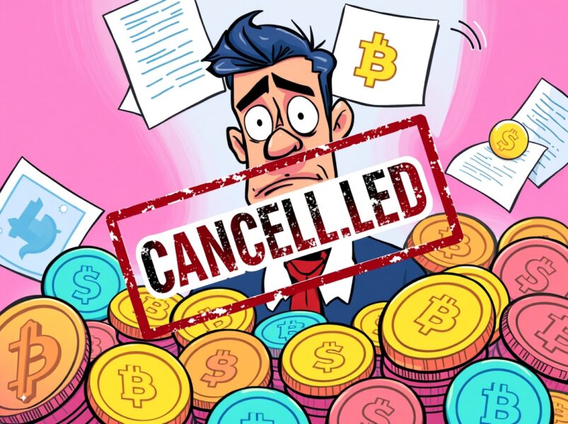Disappointed investor reacting to CoinShares ETF cancellation decision with cryptocurrency symbols