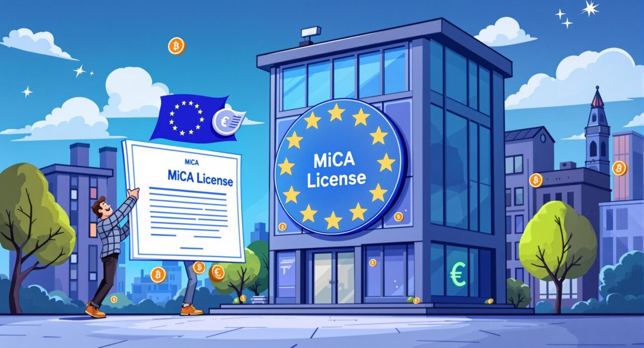 A cartoon illustration symbolizing CoinShares obtaining the first EU MiCA license, representing regulated crypto asset management in Europe.