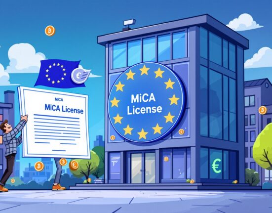 A cartoon illustration symbolizing CoinShares obtaining the first EU MiCA license, representing regulated crypto asset management in Europe.