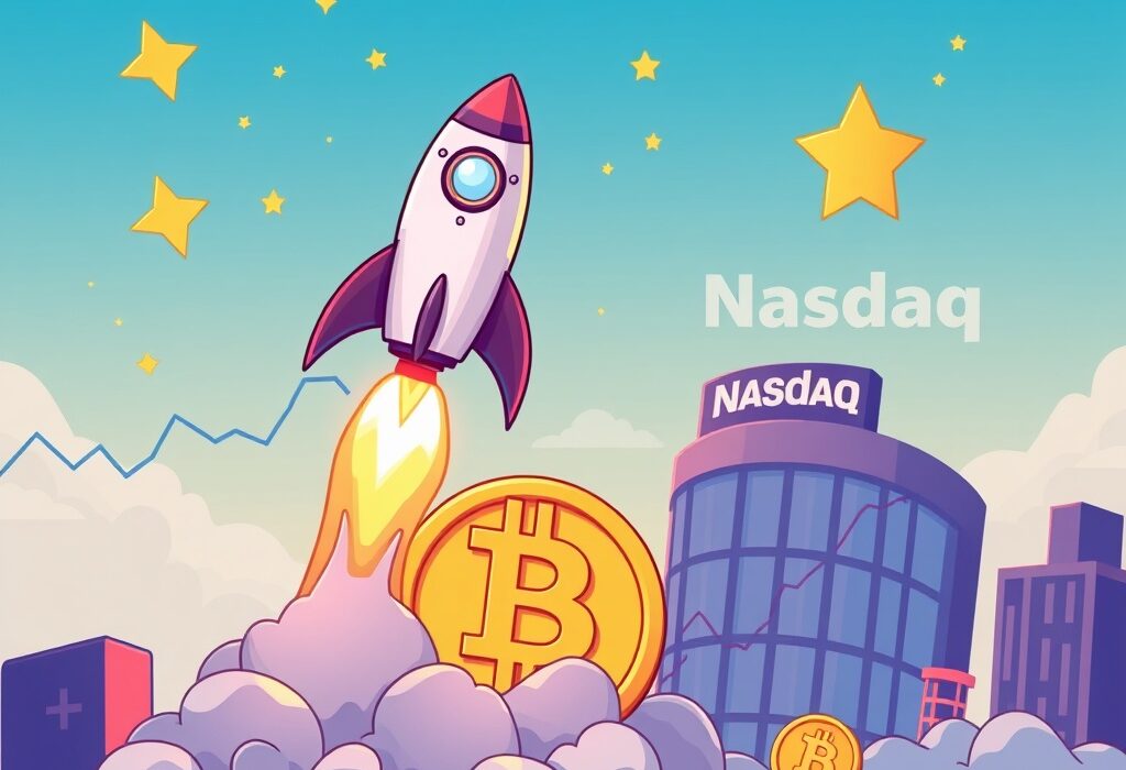 A cartoon rocket launching towards a Nasdaq sign, symbolizing the CoinShares Nasdaq listing and its impact on crypto investment.