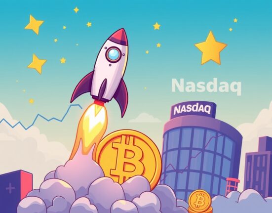 A cartoon rocket launching towards a Nasdaq sign, symbolizing the CoinShares Nasdaq listing and its impact on crypto investment.