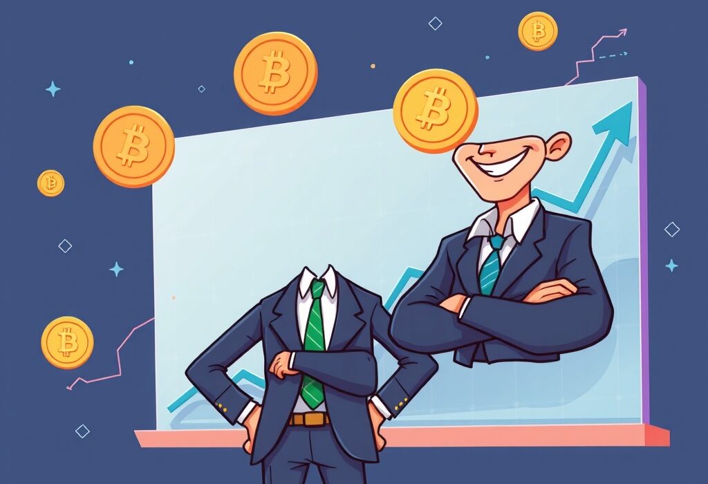 Cartoon illustration depicting a successful digital asset manager celebrating strong financial results, symbolizing the positive CoinShares Q2 profit.