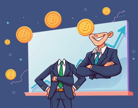 Cartoon illustration depicting a successful digital asset manager celebrating strong financial results, symbolizing the positive CoinShares Q2 profit.