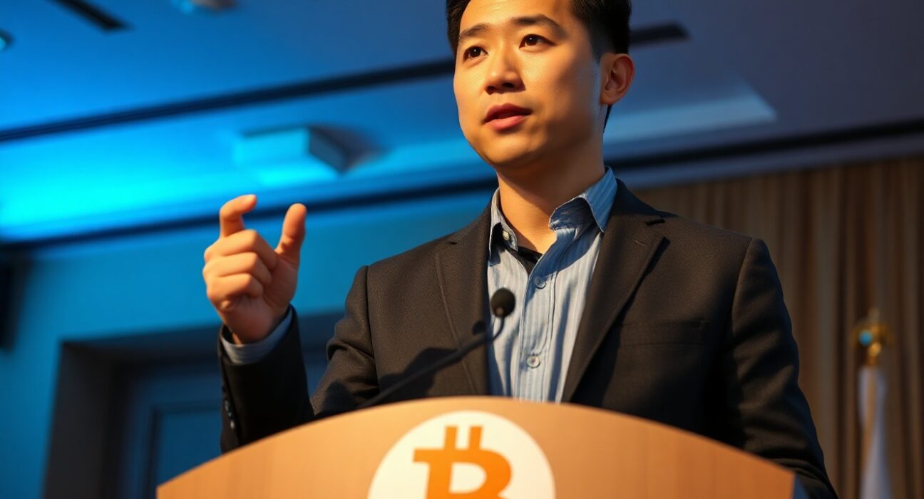 Ashish Singhal, CEO of CoinSwitch, speaking at a conference with a Bitcoin backdrop.